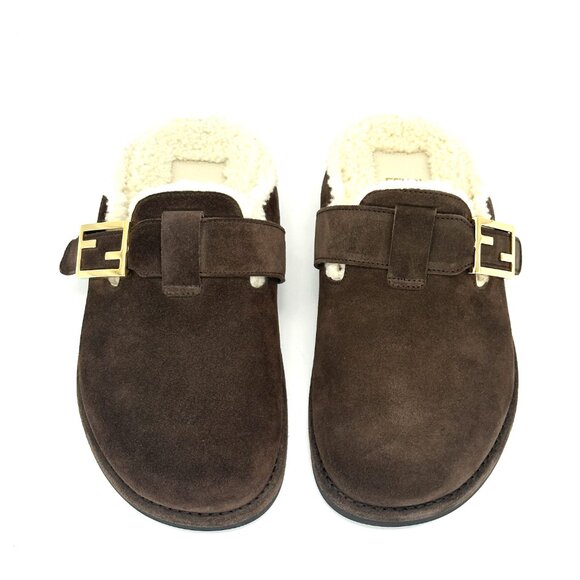 FENDI Feel FF Shearling  Buckled Sabots Mules Slides Flat Clog Sandals - Picture 8 of 16